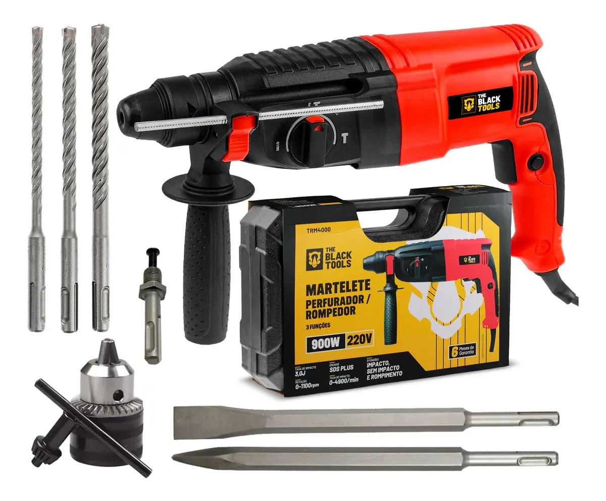 Martelete Perfurador Rompedor Professional 26mm 900w Sds Plus 3j Com Maleta E Acessorios Trm-4000 The Black Tools - 127/220V