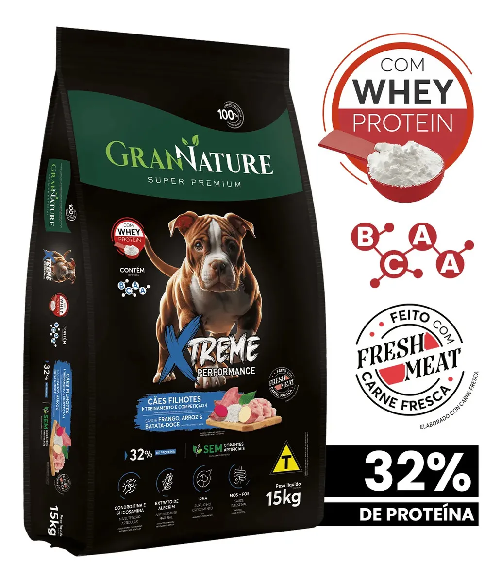 Ração Whey Protein Grannature Xtreme Alta Performance 32% Proteína para Cães Filhote raças Médio E Grande Porte 15kg