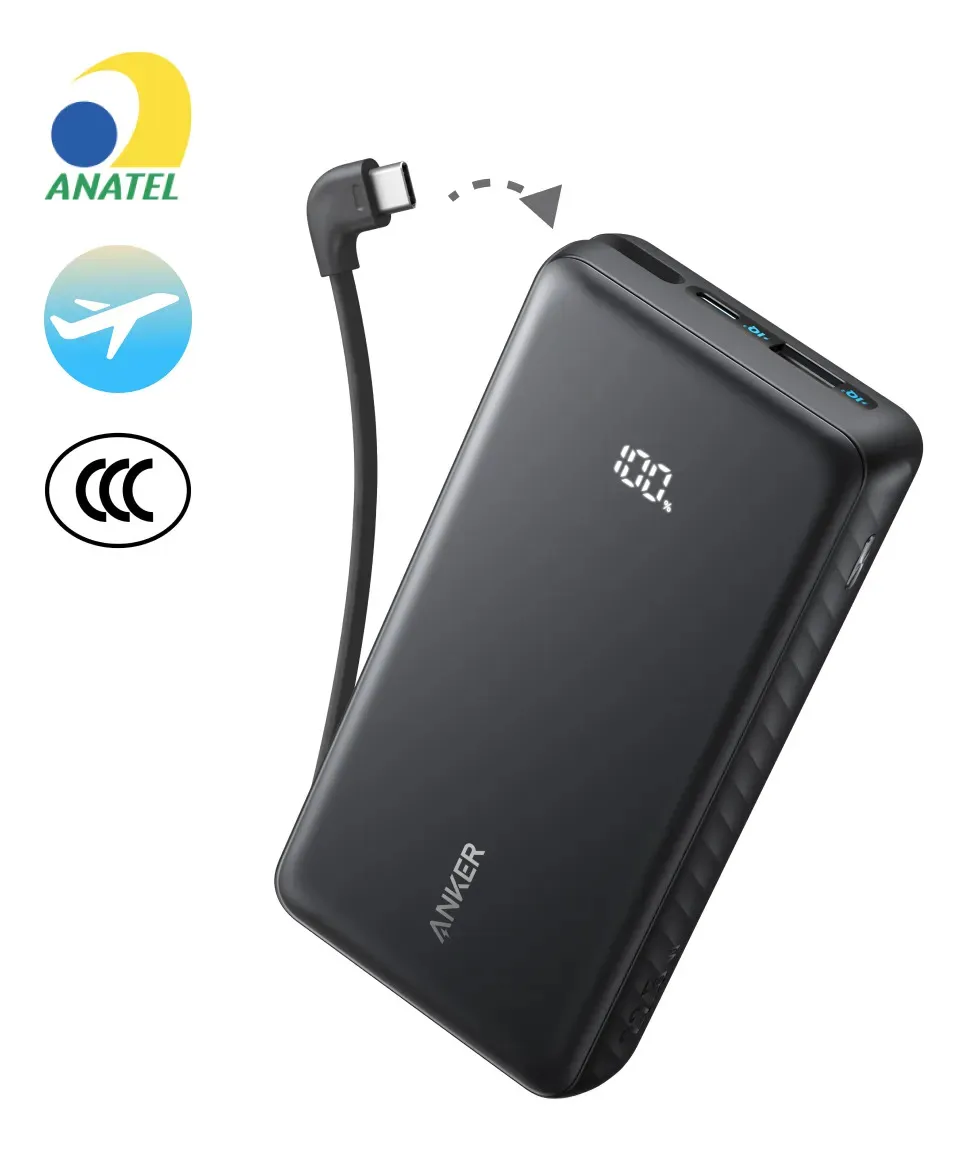 Carregador Portátil Power Bank Anker 20000mAh Carga Turbo 22.5W Cabo USB-C Integrado Para iPhone 17/16/15/14, Samsung Galaxy, Motorola, Xiaomi, Poco, Oppo, Airpods, Display Digital Cor Preto Com 3C