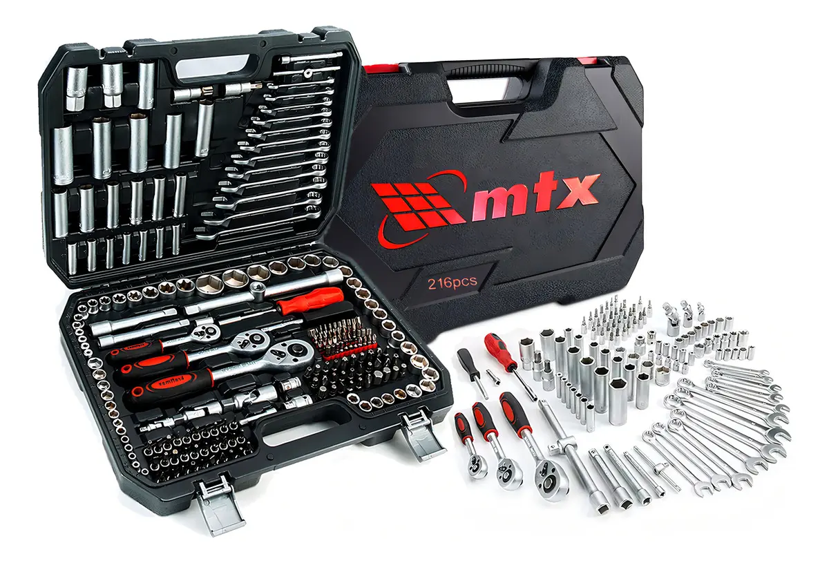 Kit Jogo De Soquete Chave Catraca 1/4 3/8 E 1/2 Pol. MTX Combinada Allen Maleta 216 Peças Aço Cr-v 1353055