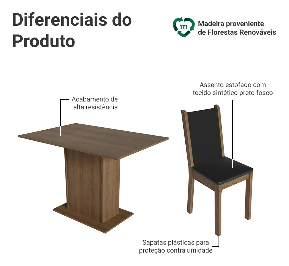 Sala De Jantar Madesa Talita Mesa Tampo Madeira 4 Cadeiras Cor Rustic/Preto/Oxford Desenho do tecido das cadeiras Liso